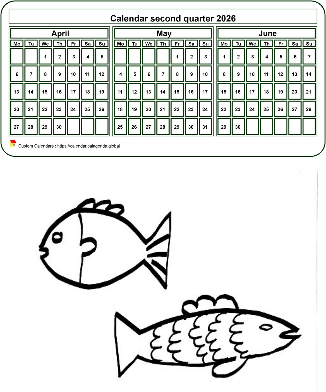 Calendar 2026 to color quarterly, format portrait, for children