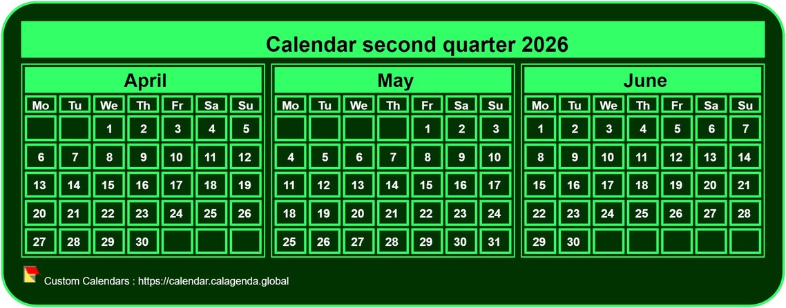 Calendar 2026 to print quarterly, tiny pocket format, green background Calendar 2026 to print quarterly, tiny pocket format, green background