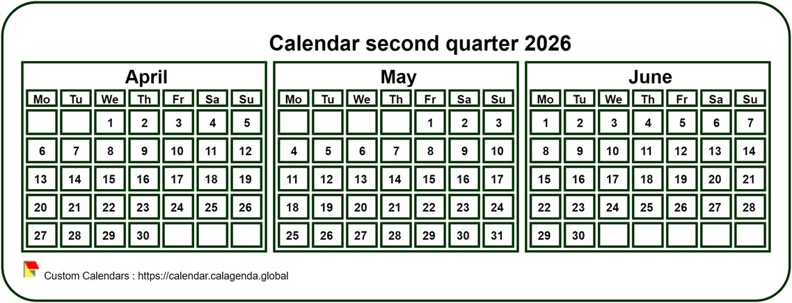 Calendar 2026 to print quarterly, tiny pocket format, white background