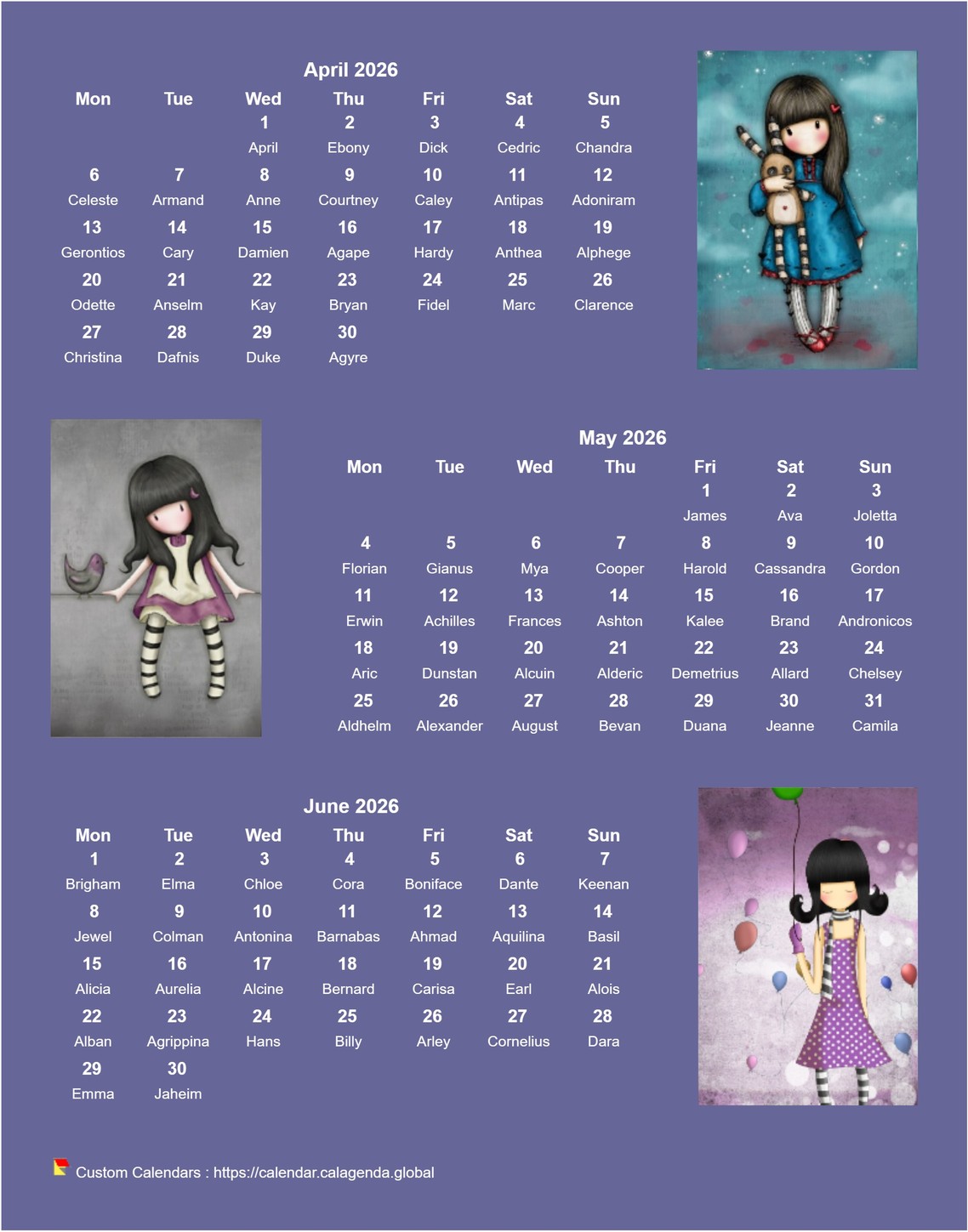Calendar 2026 quarterly Gorjuss