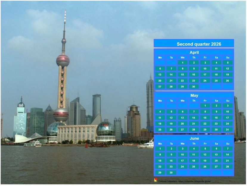 Calendar 2026 to print quarterly, format landscape, above the right part of a photo (Shangaï).