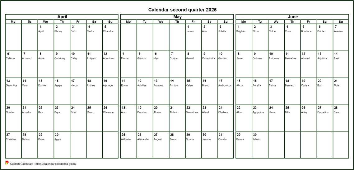 Calendar 2026 to print quarterly, format landscape
