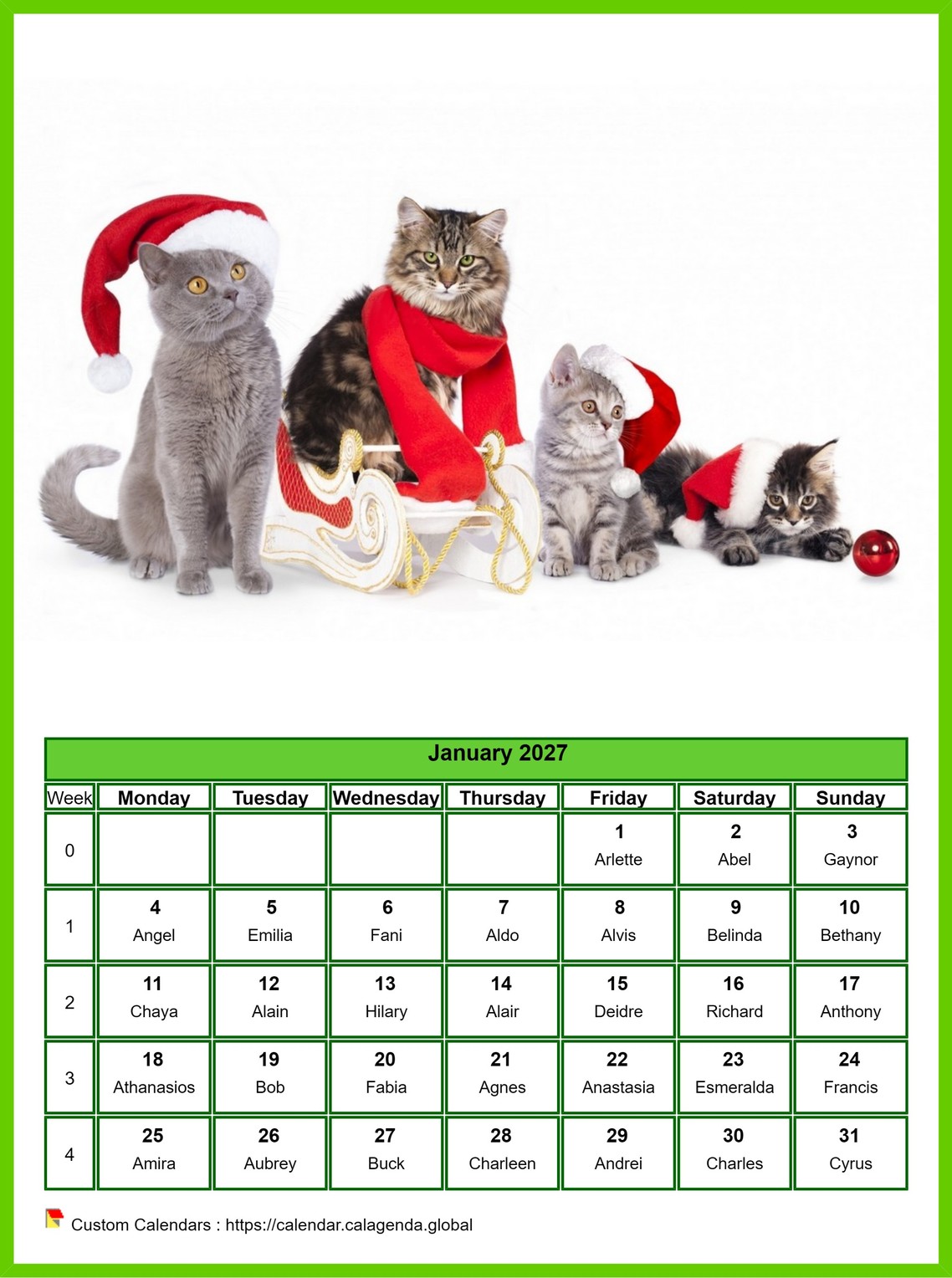 Calendar January 2027 cats