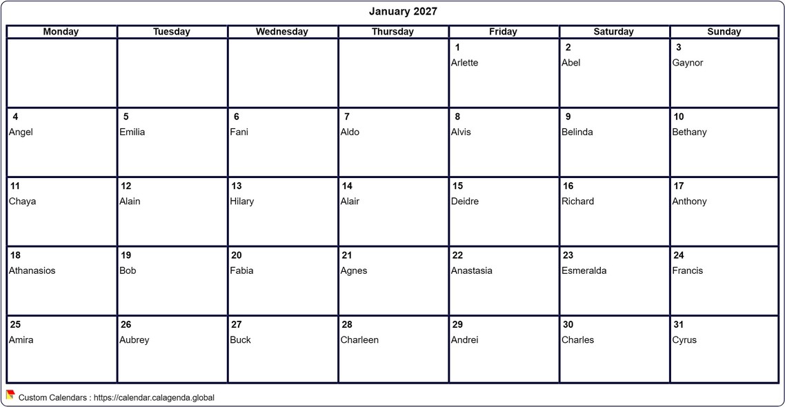 Calendar January 2027 to print blank