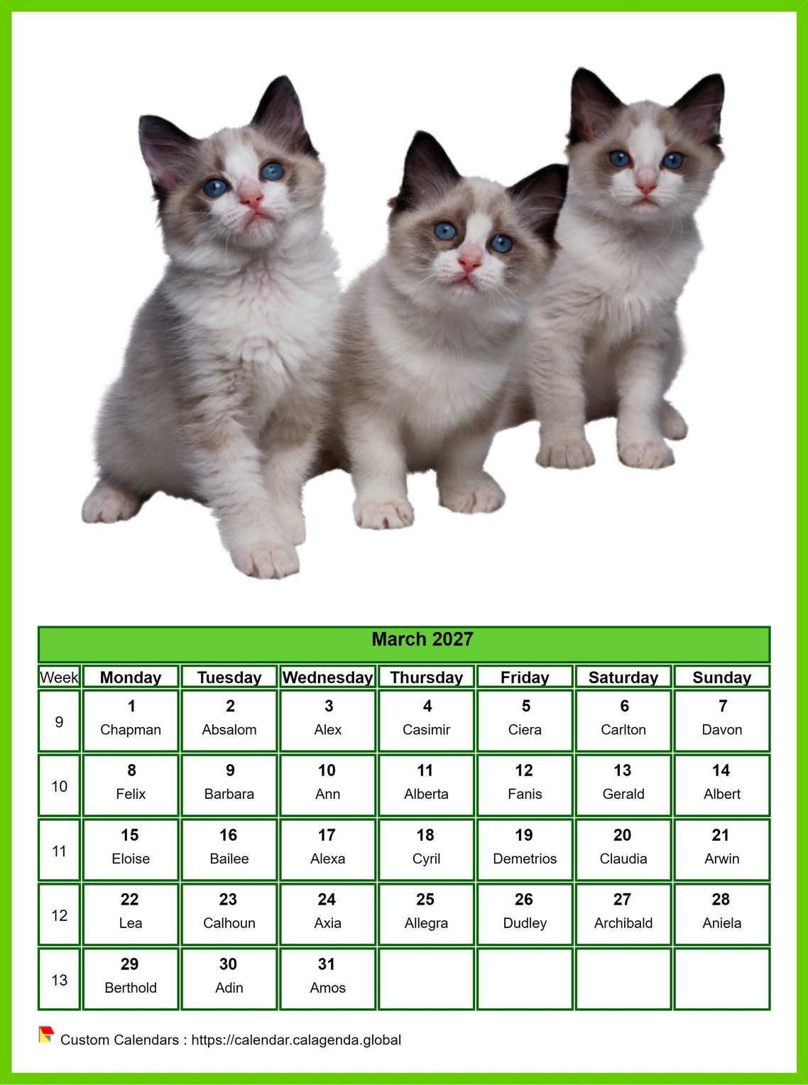 Calendar March 2027 cats