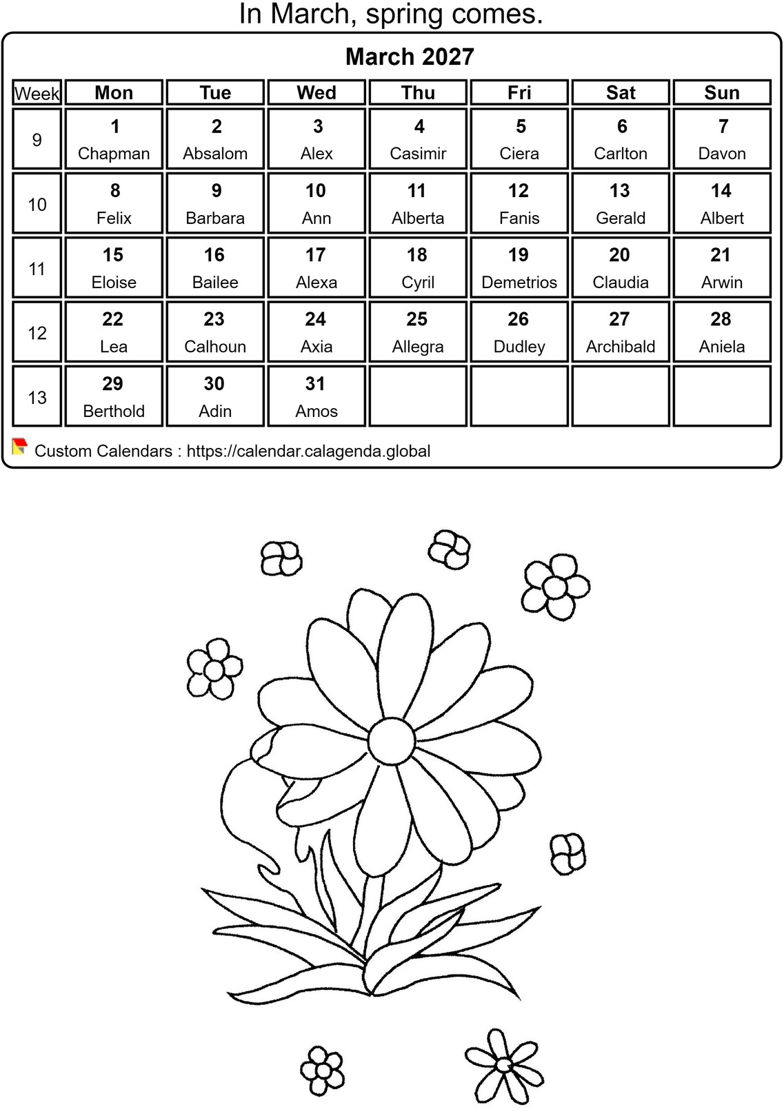 Calendar coloring March 2027