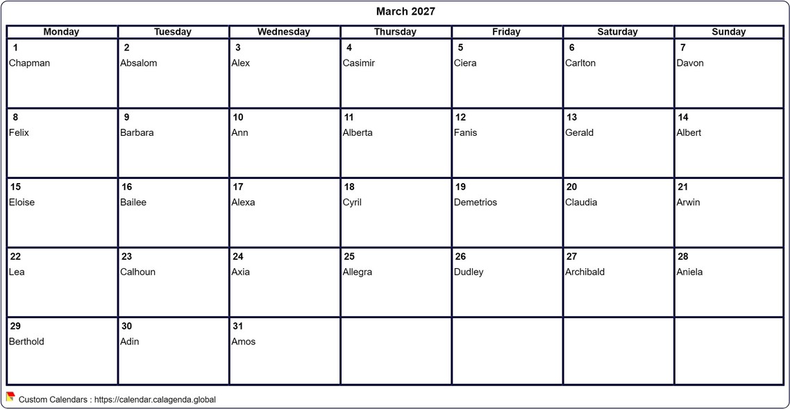 Calendar March 2027 to print blank