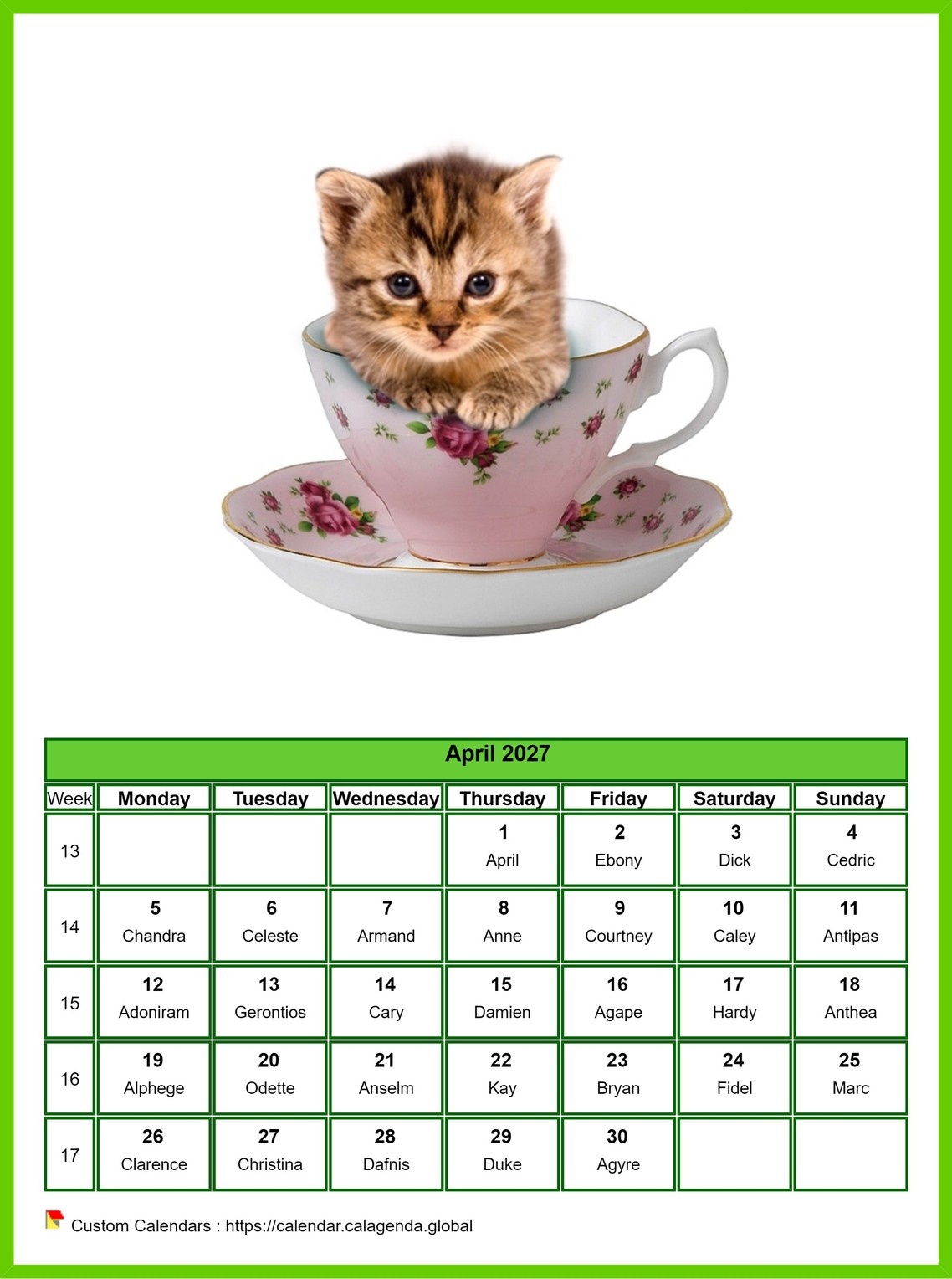 Calendar April 2027 cats