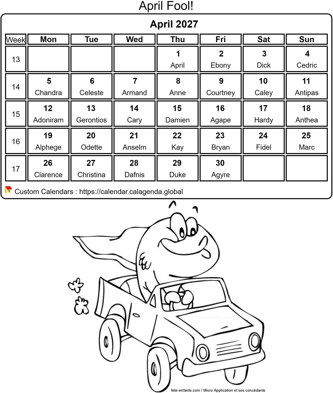 Calendar coloring April 2027