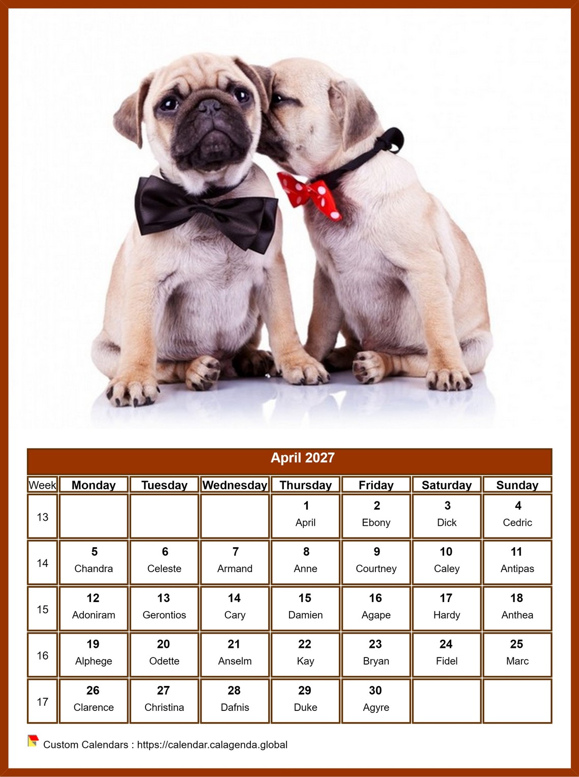 Calendar April 2027 dogs