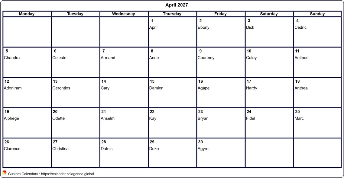 Calendar April 2027 to print blank