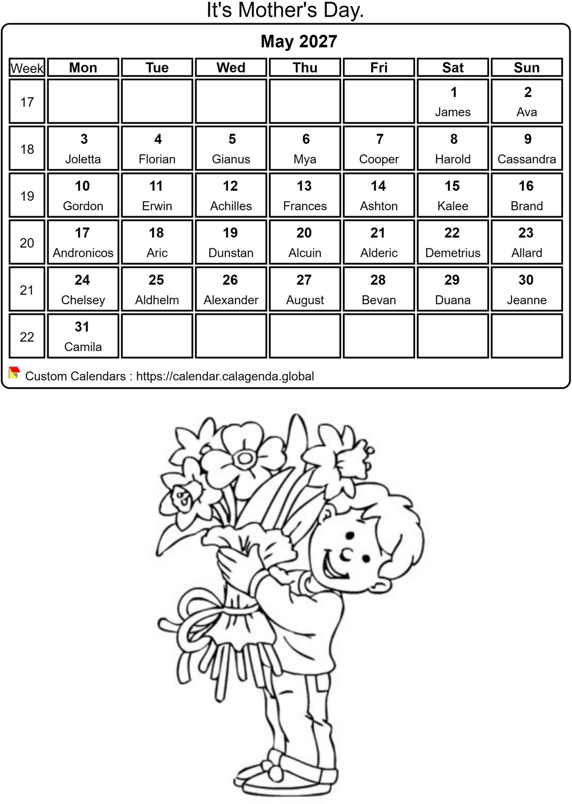 Calendar coloring May 2027