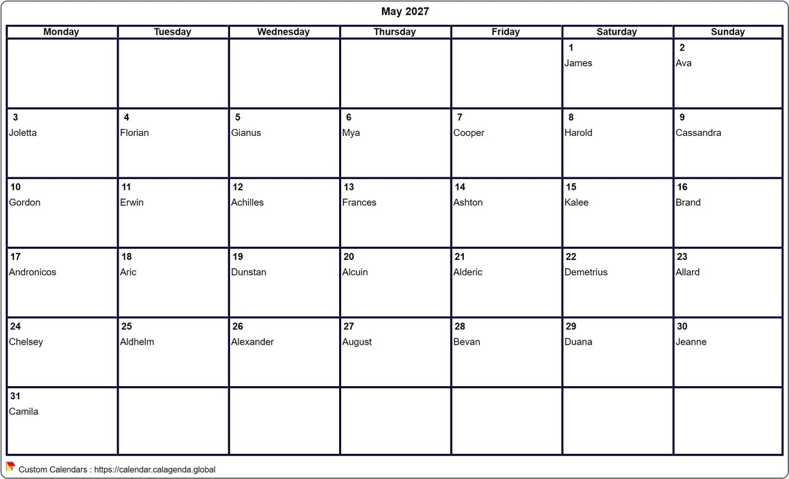 Calendar May 2027 to print blank
