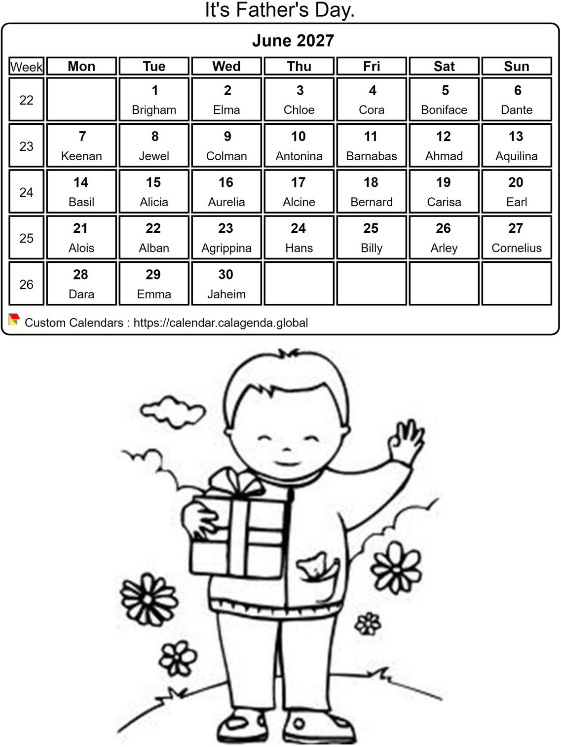 Calendar coloring June 2027