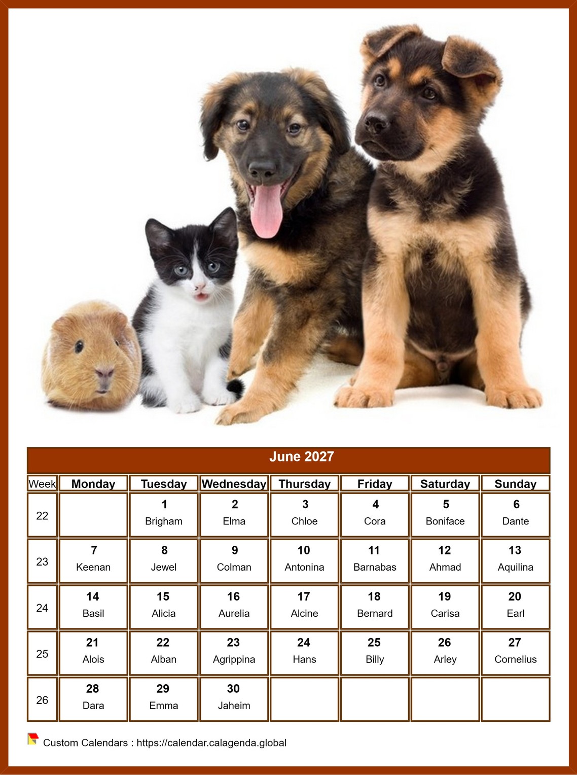 Calendar June 2027 dogs