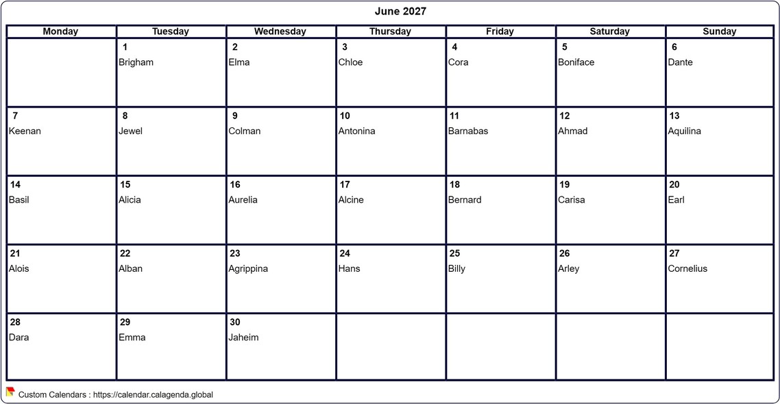Calendar June 2027 to print blank