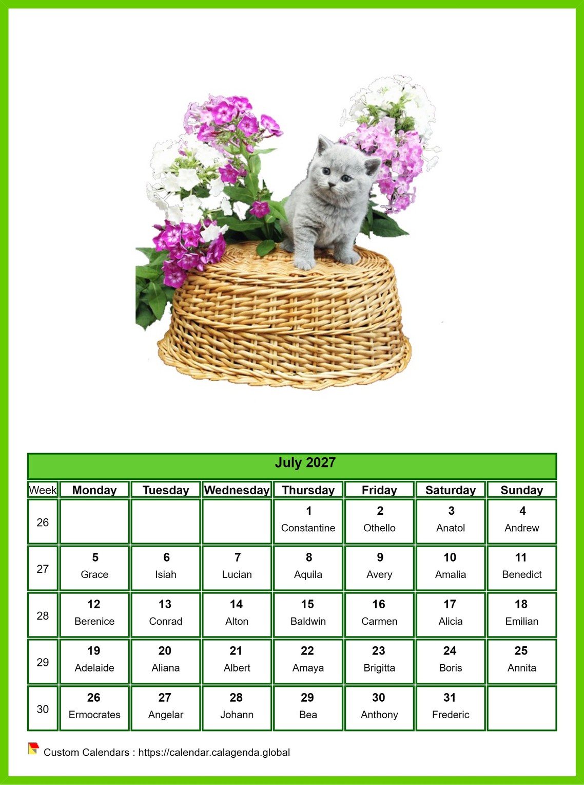 Calendar July 2027 cats