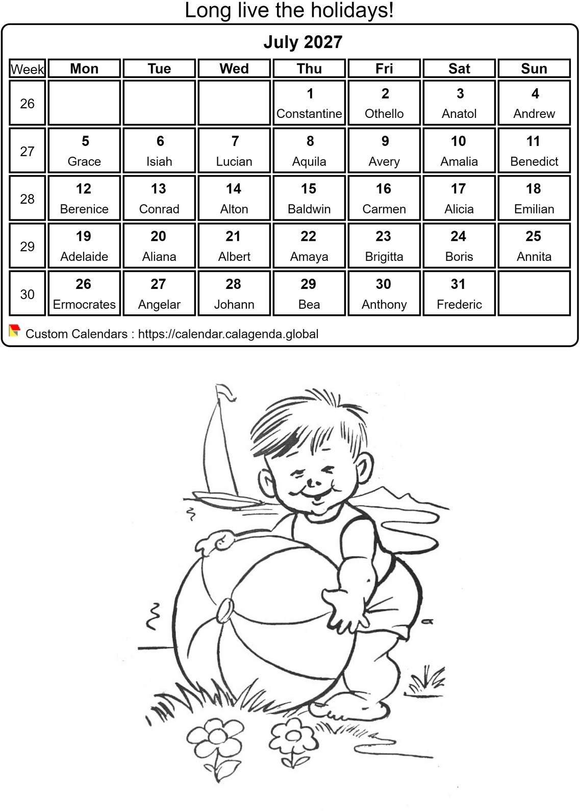 Calendar coloring July 2027