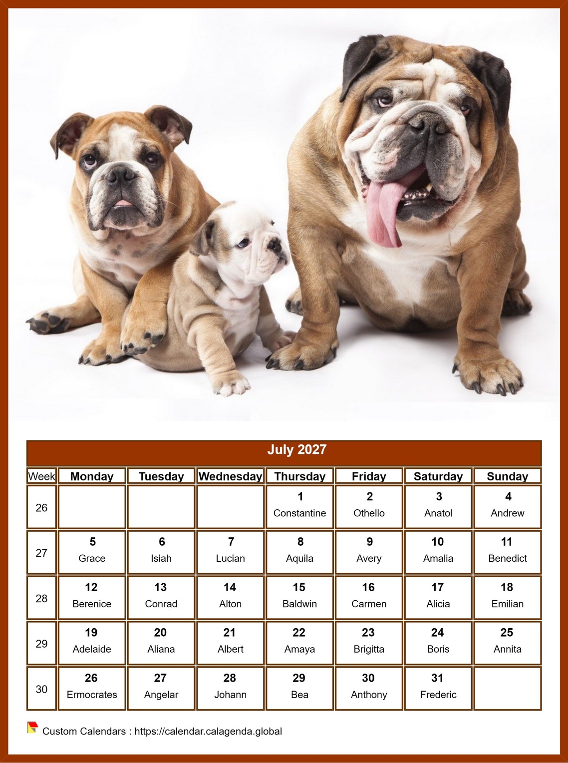 Calendar July 2027 dogs