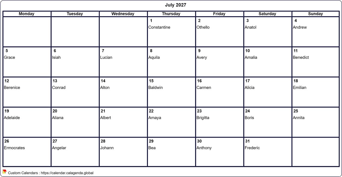 Calendar July 2027 to print blank