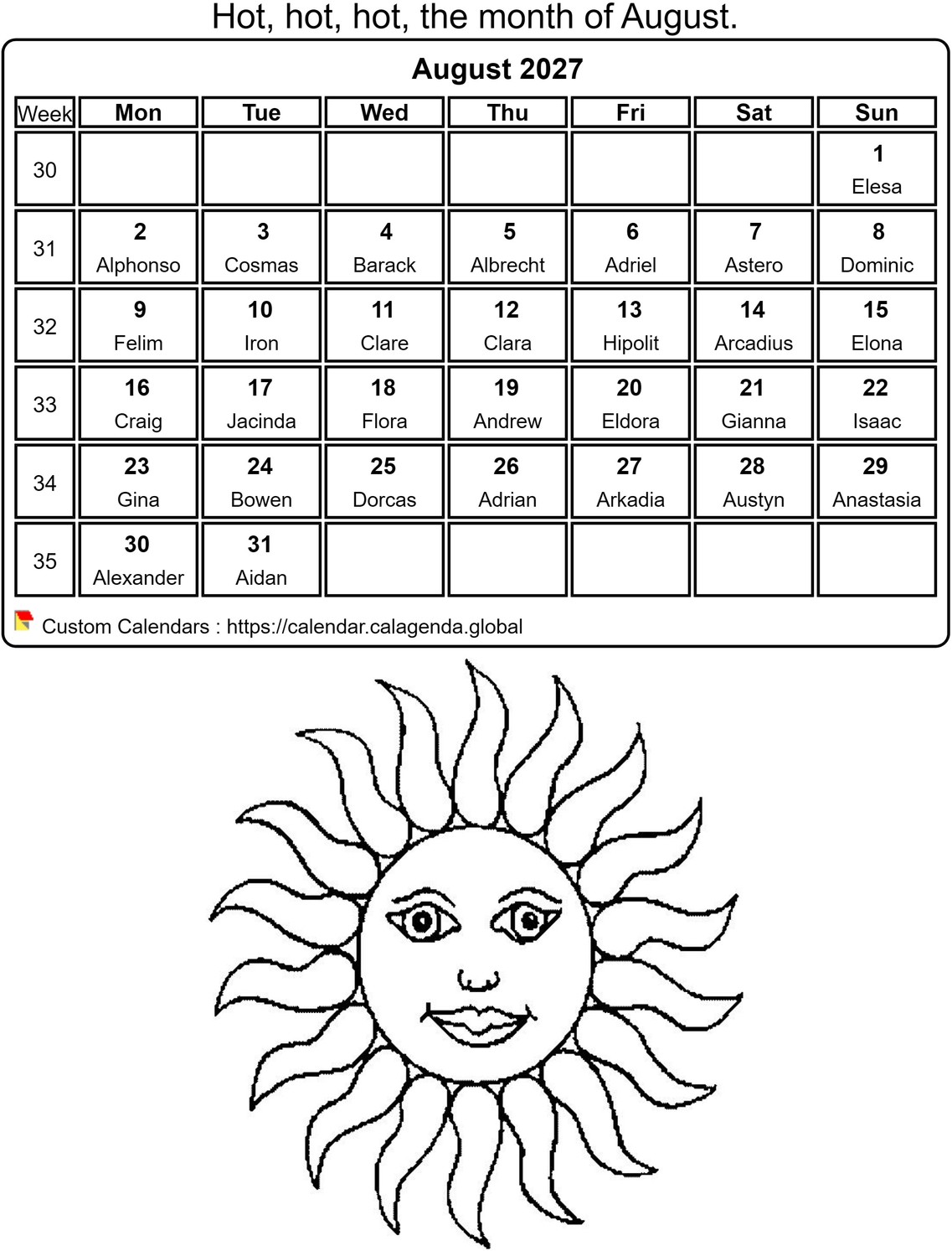 Calendar coloring August 2027