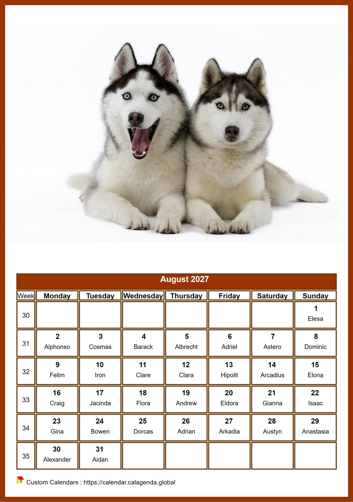 Calendar August 2027 dogs