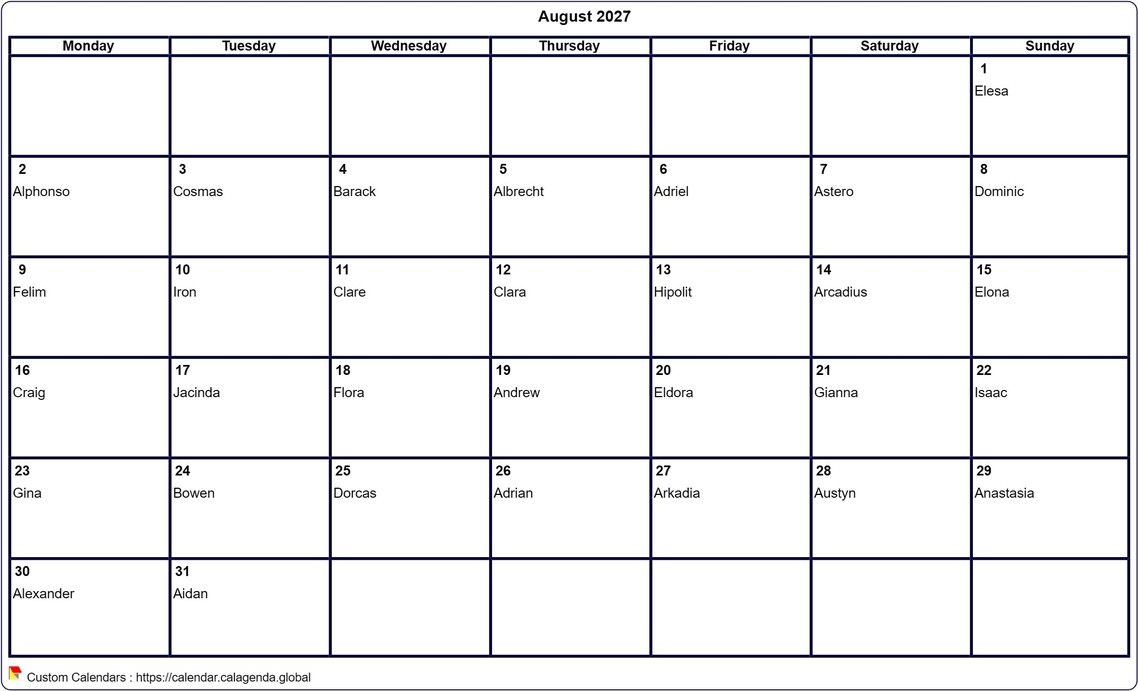 Calendar August 2027 to print blank