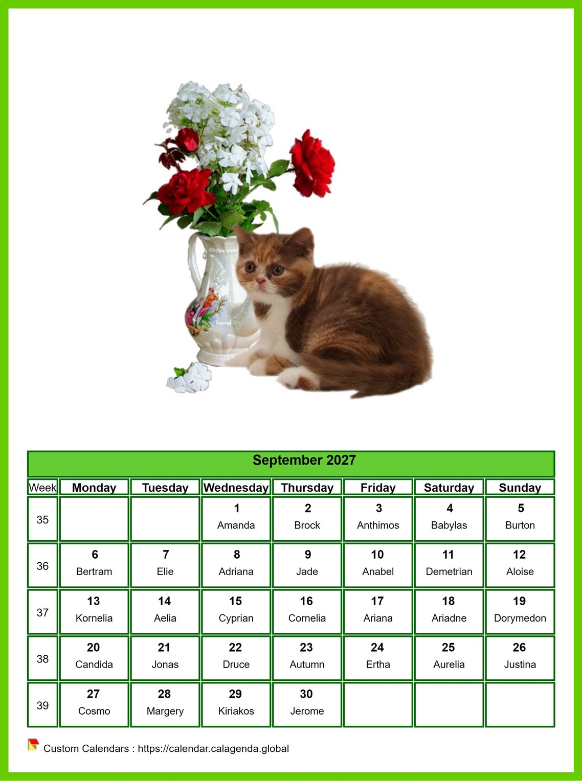Calendar September 2027 cats
