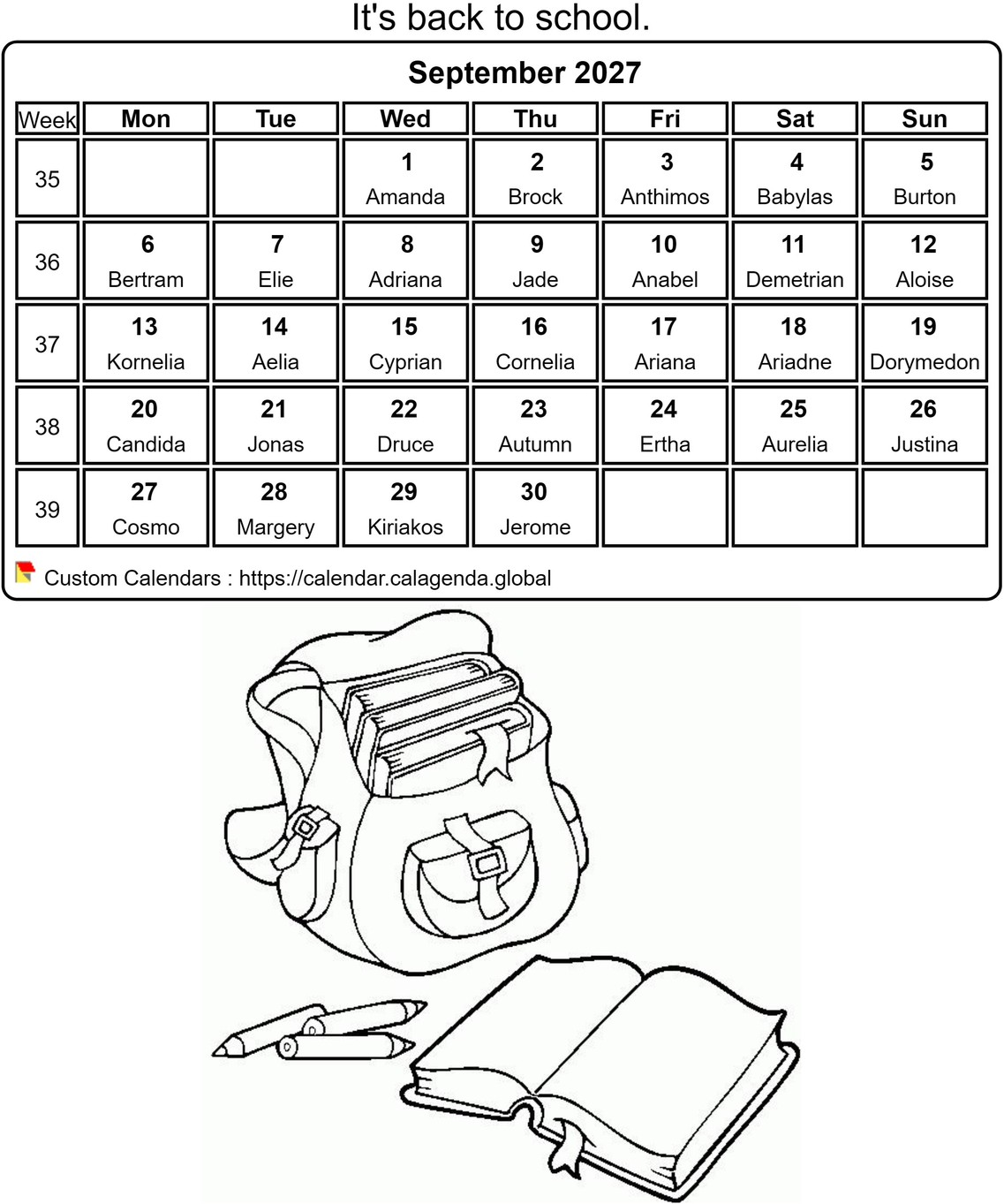 Calendar coloring September 2027