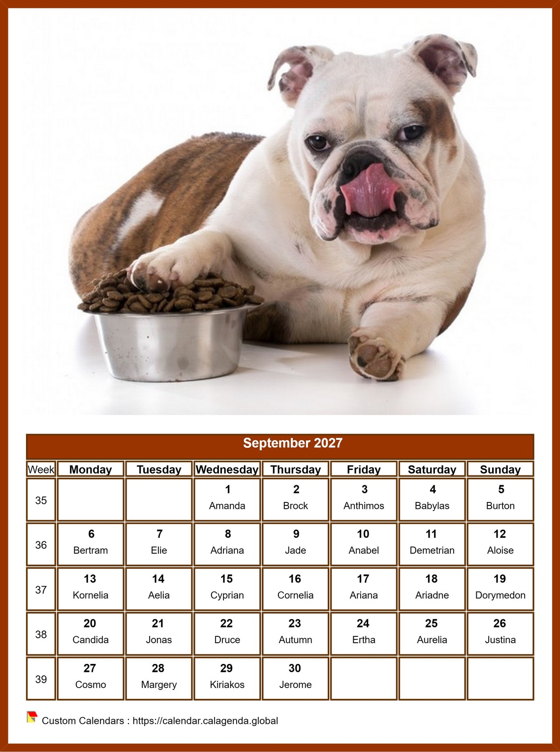 Calendar September 2027 dogs