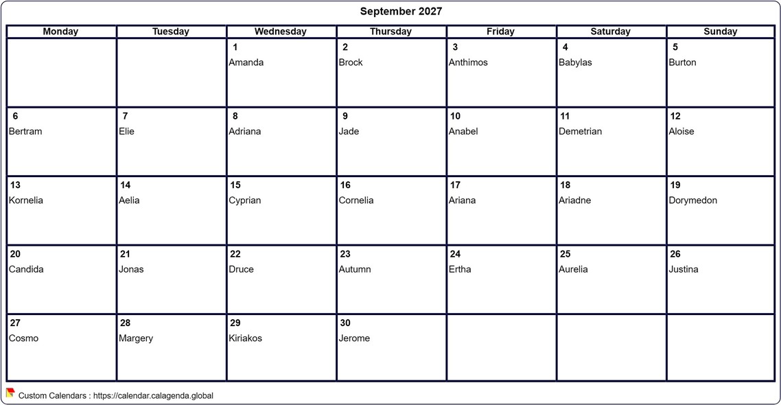 Calendar September 2027 to print blank