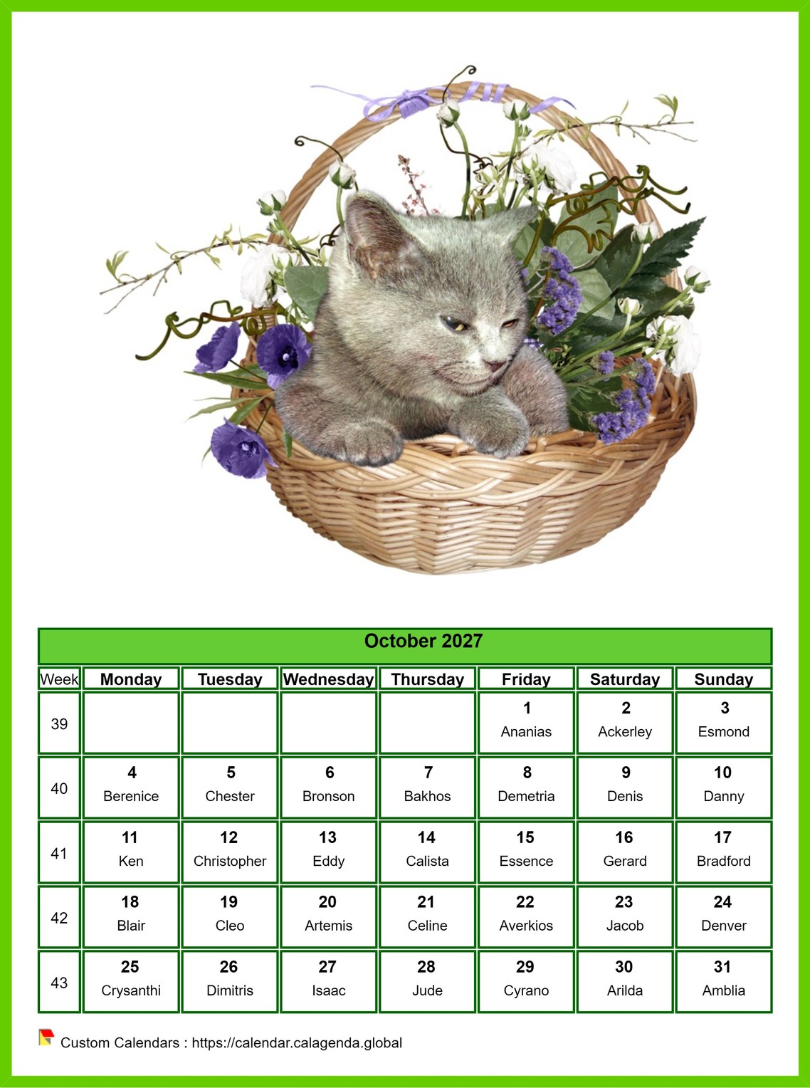 Calendar October 2027 cats