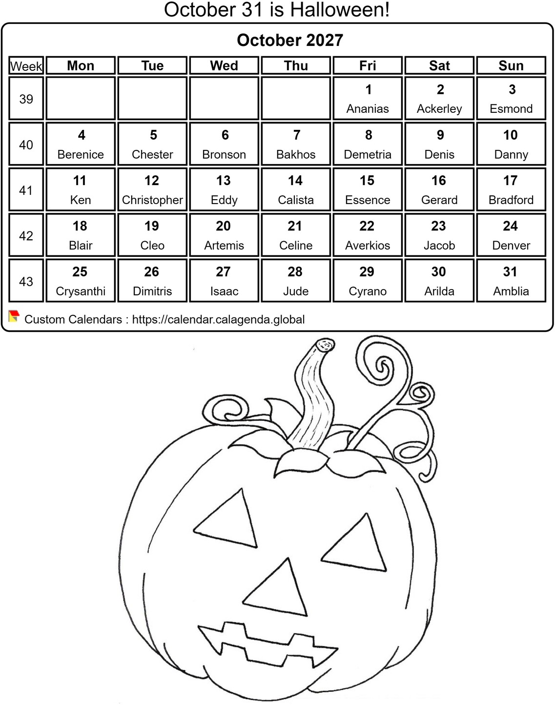 Calendar coloring October 2027