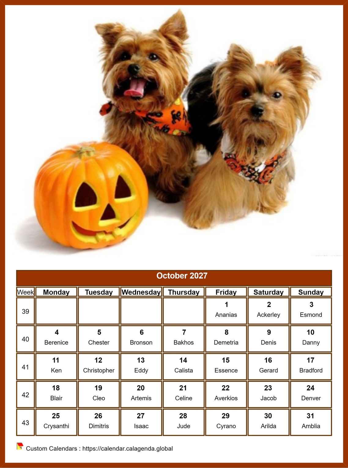 Calendar October 2027 dogs