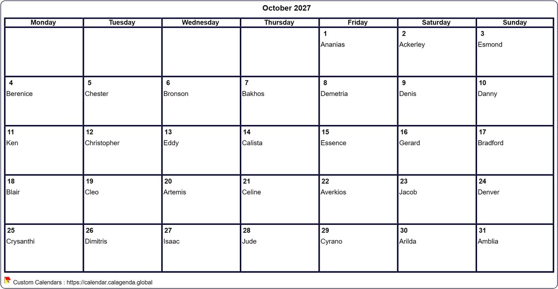 Calendar October 2027 to print blank