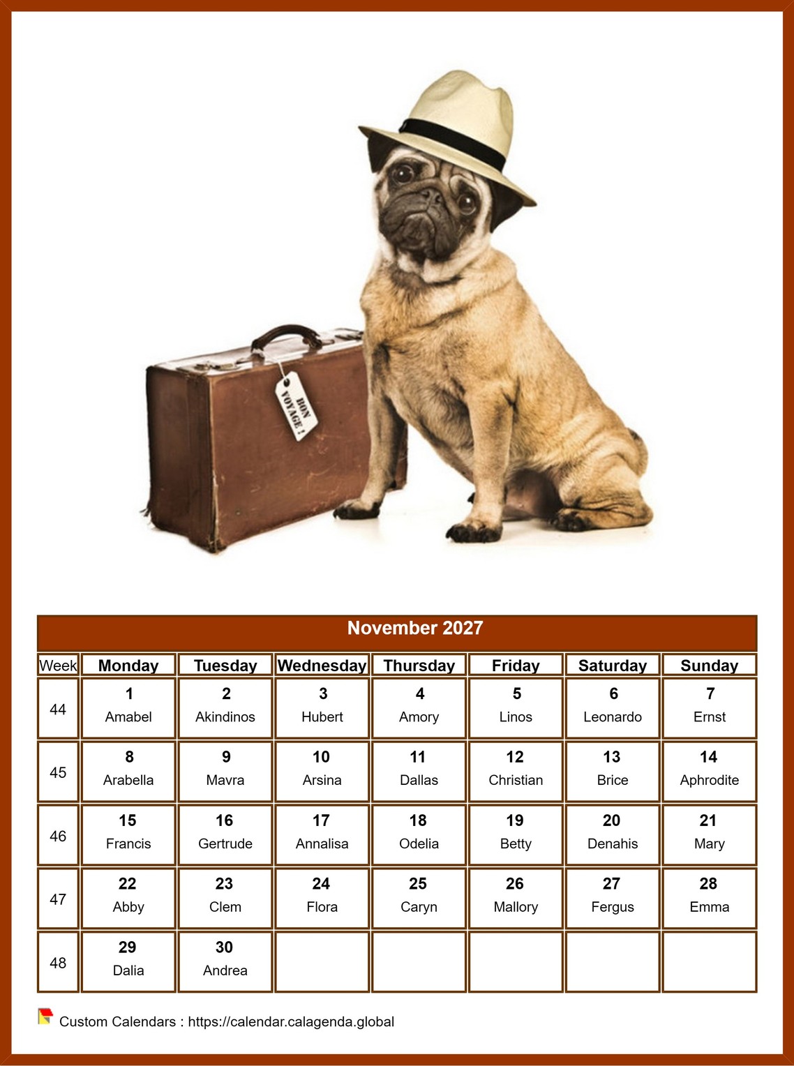 Calendar November 2027 dogs