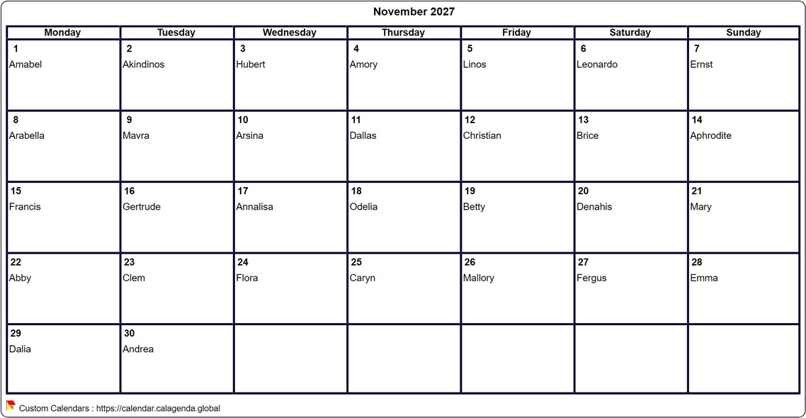 Calendar November 2027 to print blank