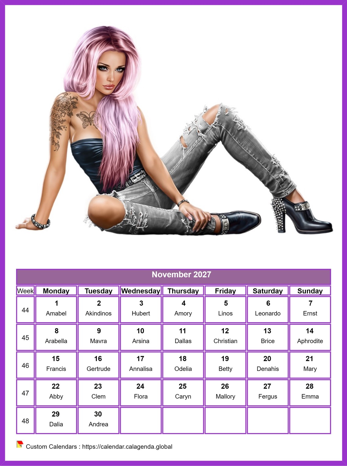 Calendar November 2027 women