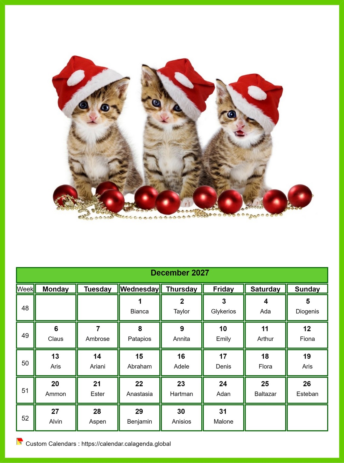 Calendar December 2027 cats