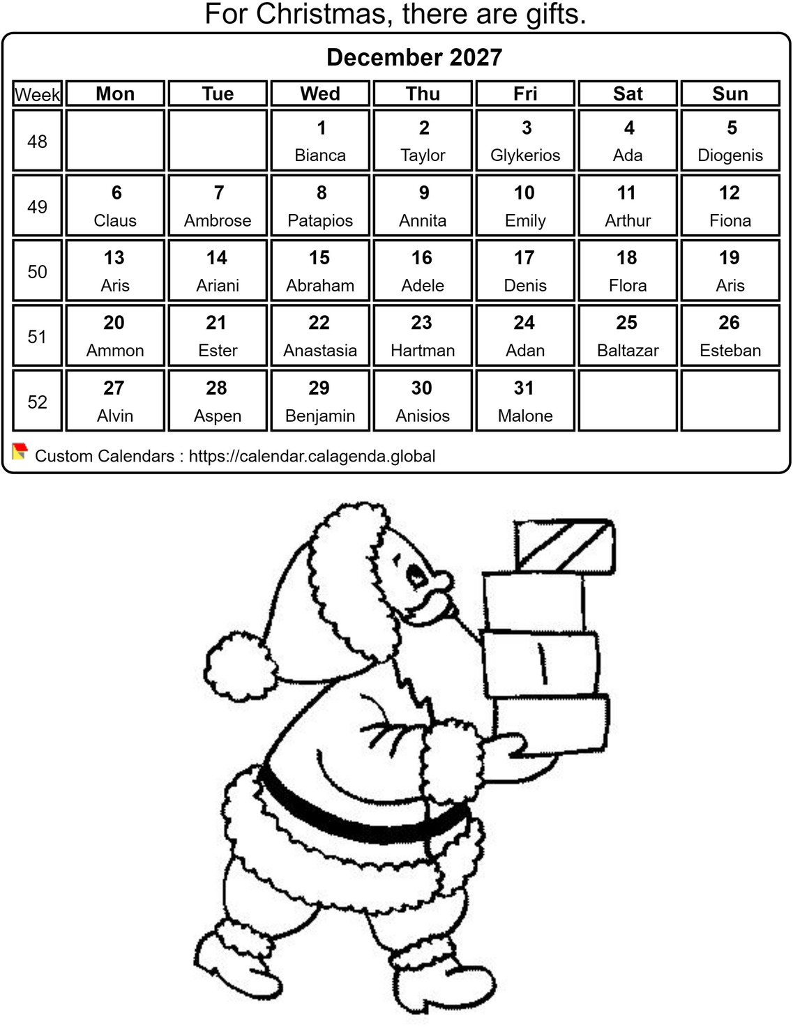 Calendar coloring December 2027