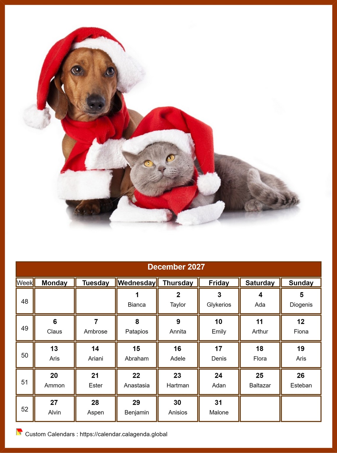 Calendar December 2027 dogs