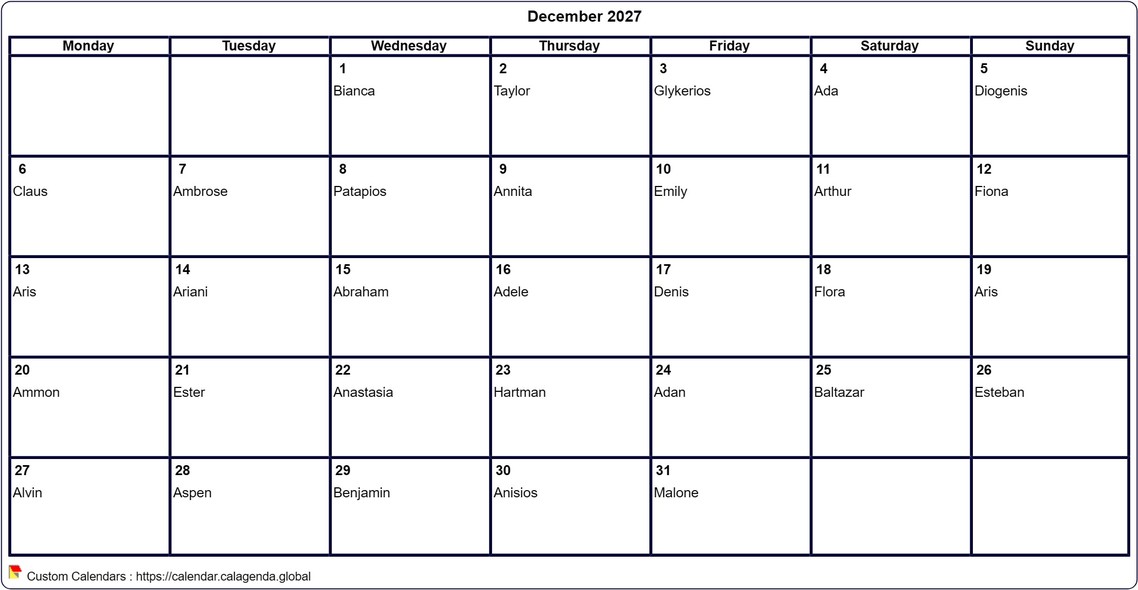 Calendar December 2027 to print blank