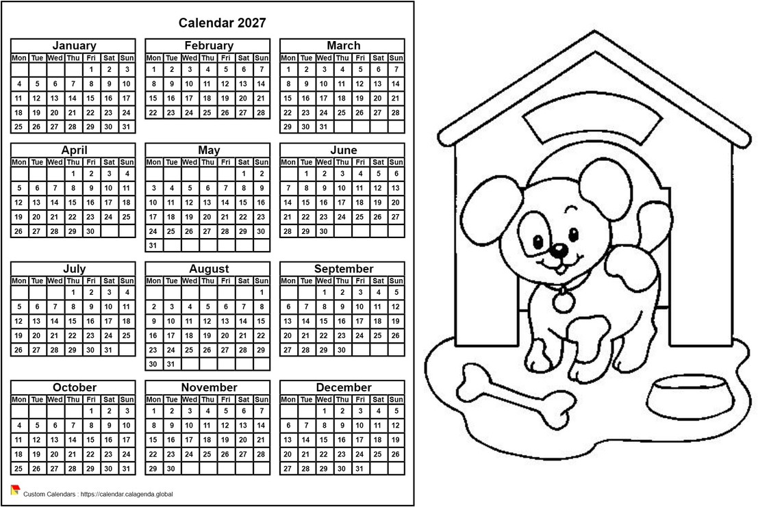 Calendar 2027 to color annual, format landscape, for children