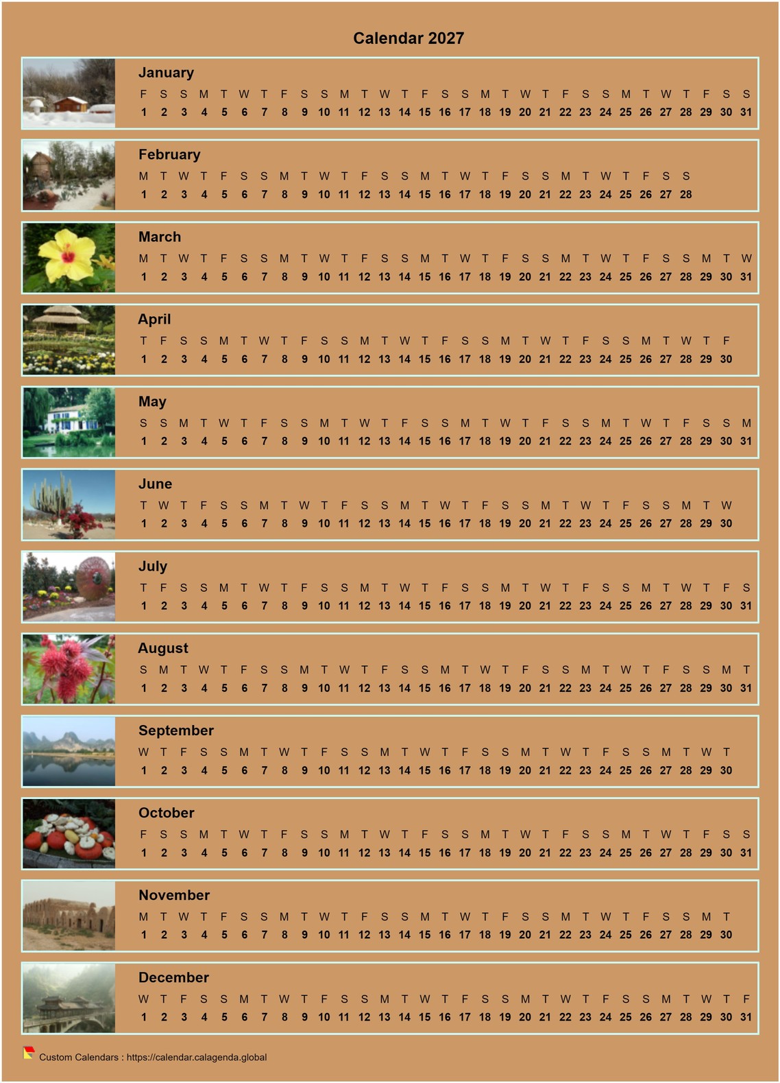 Calendar 2027 annual horizontal with 12 photos