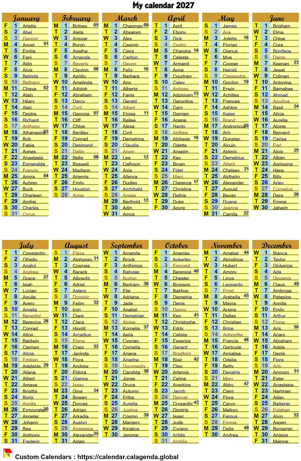 Annual pocket calendar in 10X15 format