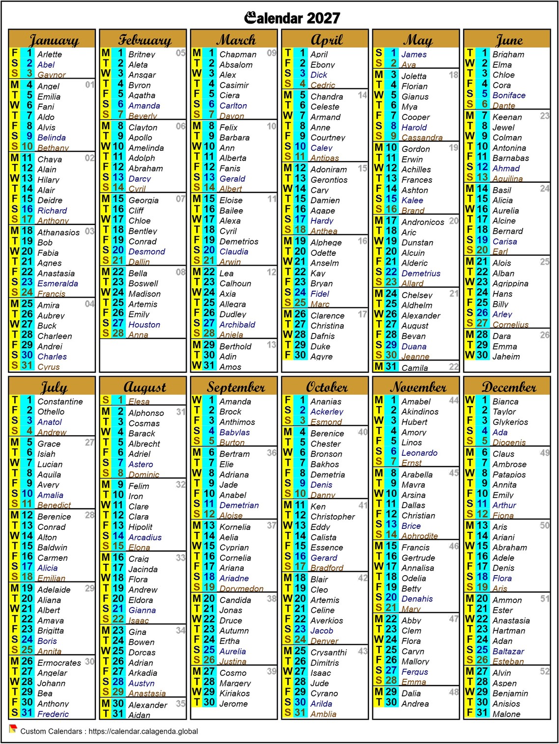 Calendar 2027 annual of six columns in format portrait