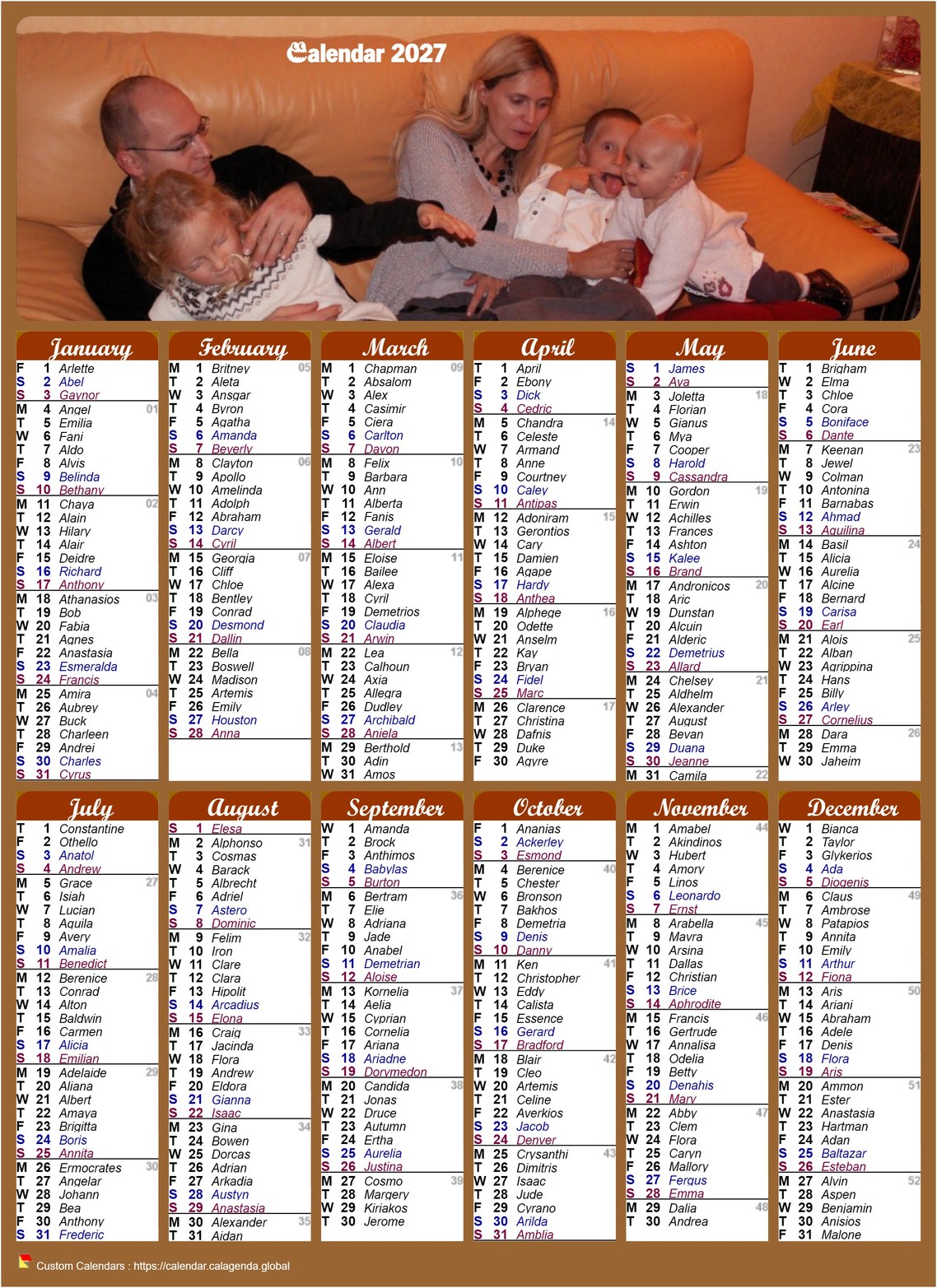 Calendar 2027 annual style schedule of posts