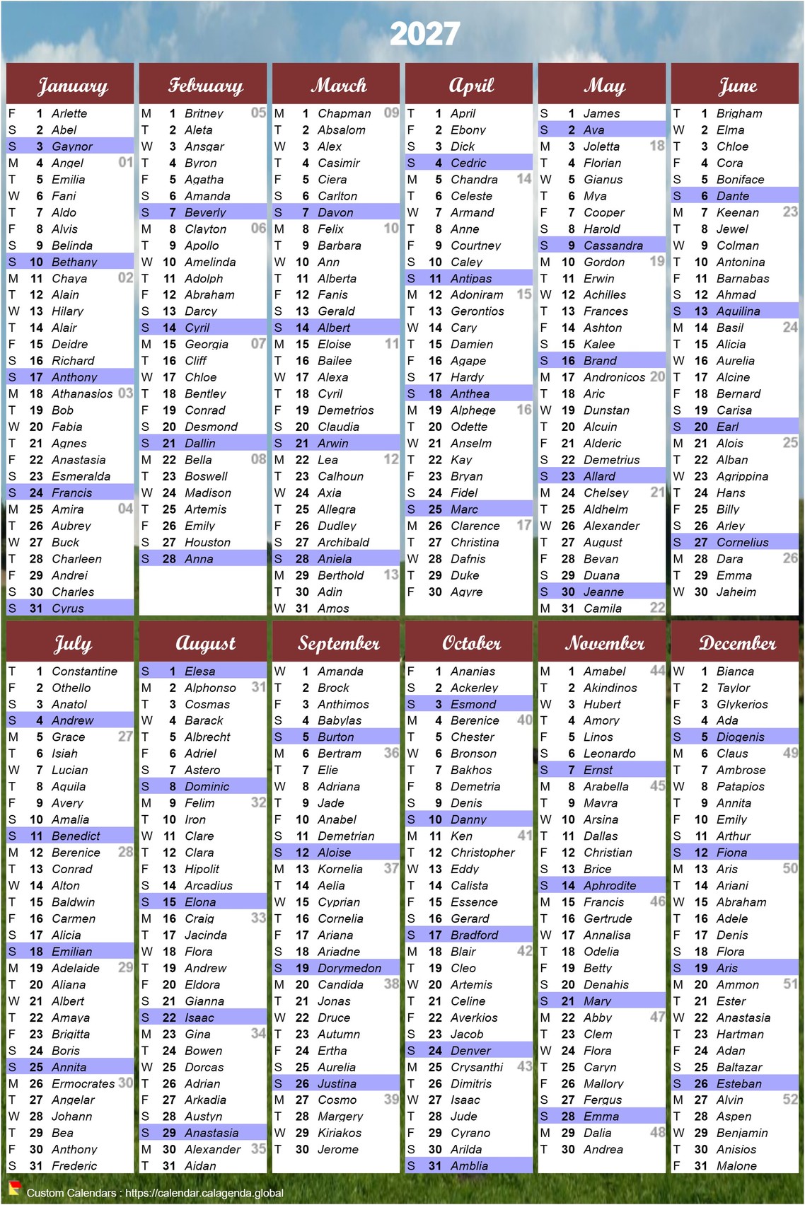 Annual calendar 2027 to print portrait