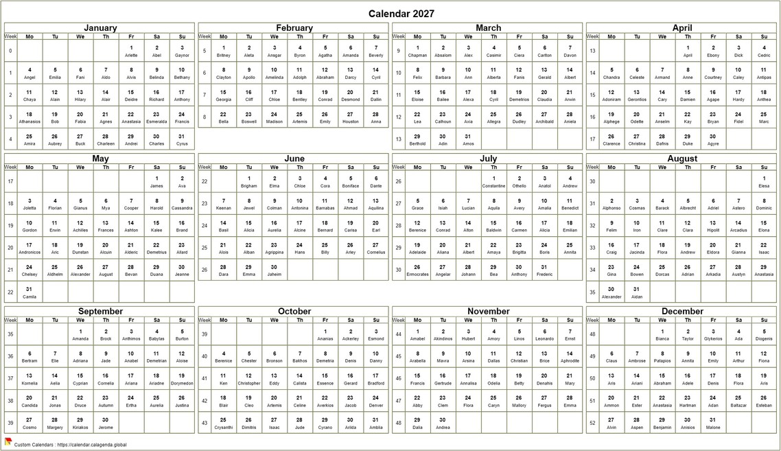  2027 annual calendar to print, format landscape, desk or wall