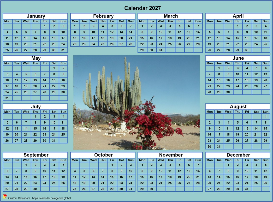 Calendar 2027 photo annual to print, cyan background, format landscape, desk or wall